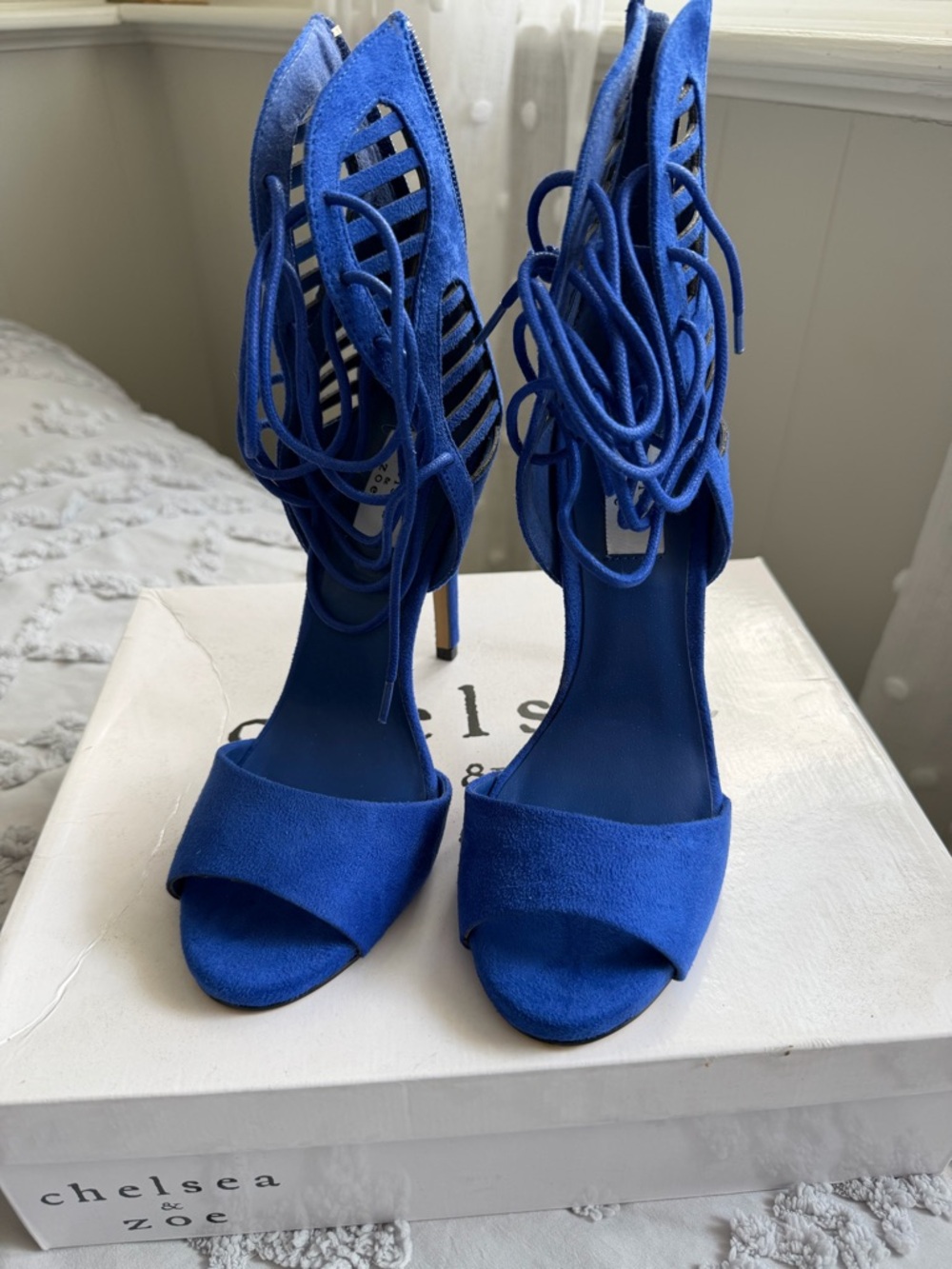 Chelsea & Zoe Royal Blue Suede Lace-Up Stiletto Sandals
